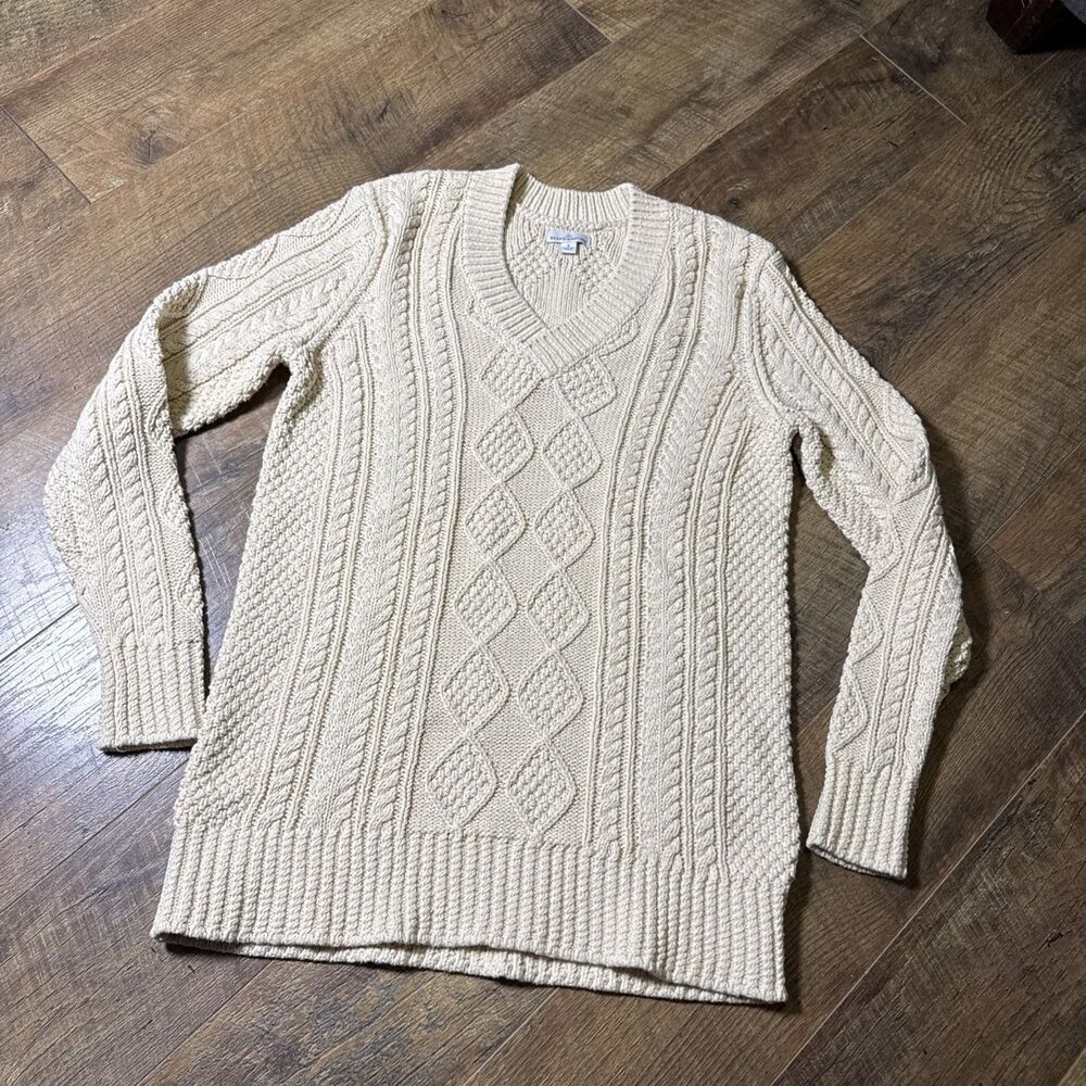 LL Bean Signature Cable Knit Fisherman Sweater  Medium Cotton Ivory Beige S